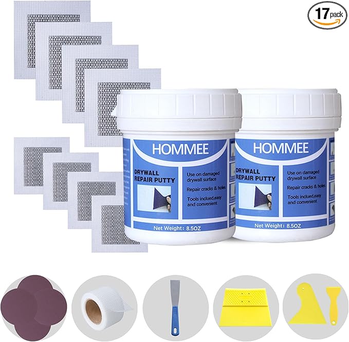 Drywall Repair Kit,Drywall Hole Patch Repair Kit to Fix Wall Surface Holes and Creak Damage with White Repair Putty 17OZ,8PCS Aluminum Repair Patchs,Scraper,Sanding Pad Fill Quick and Easy Solution