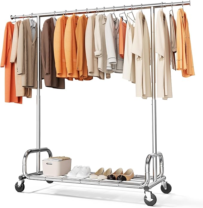 HOKEEPER Clothing Racks Heavy Duty Clothes Rack Adjustable Garment Rack for Hanging Clothes, Portable Coat Rack with Lockable Wheels, for Bedroom, Laundry, Balcony, Living Room 68.89''H*70.86''W*20"D