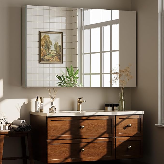 Bathroom Medicine Cabinet Mirror with Storage, 40 Inch x 26 Inch Silver Medicine Cabinet with Double Door & Adjustable Shelves for Vanity, Aluminum Surface, Wall-Mount or Recessed