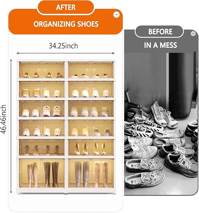 6 Tier 24 Pairs Large Shoe Rack Organizer with Doors, Foldable Collapsible Plastic Shelf, Stackable Storage Cabinet for Closet, Entryway, Hallway, Living Room - Easy Assembly