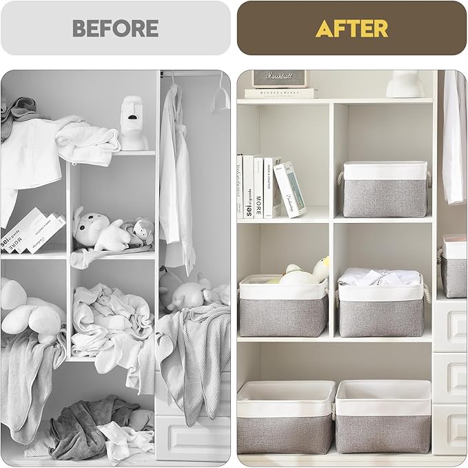 Storage Basket for Organizing - 15.7x11.8x8.2 inch Large 3 Pack Collapsible Storage Bins for Shelves, Fabric Storage Cubes for Gift Closet Linen Organization (White & Grey)