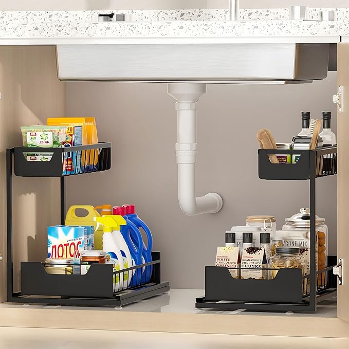 Under Kitchen Sink Organizers and Storage Pull Out 2 Tier Metal Bathroom Cabinet Organizer (Black, 2 Pack)