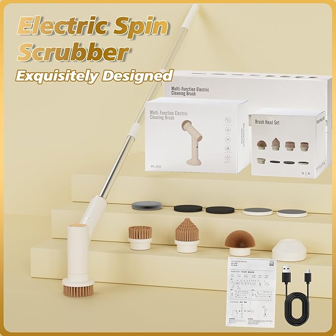 Electric Spin Scrubber, Battery 2.5H with Extra-Long Runtime, 10 Brush Heads, IPX7 Waterproof Power Shower Scrubber with Long Handle, 2 Speeds Cordless Cleaning Brush for Bathroom Bathtub