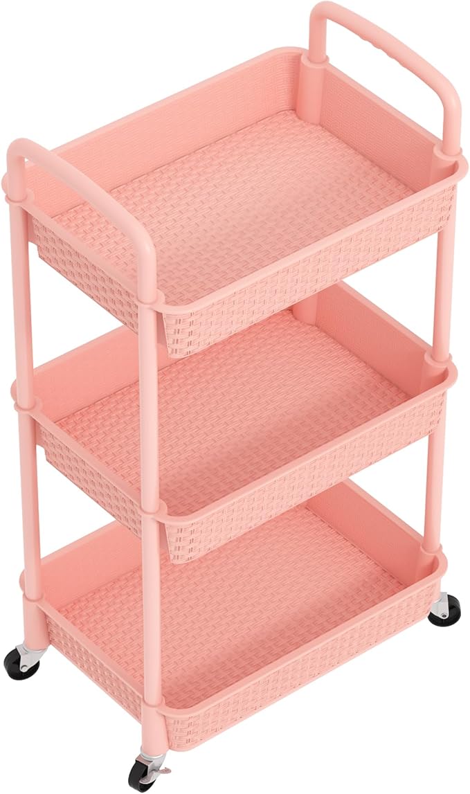 MOYIPIN 3-Tier Plastic Rolling Utility Cart with Handle,Utility Storage Cart for Office, Living Room, Kitchen,Movable Storage Organizer Shelves,Pink