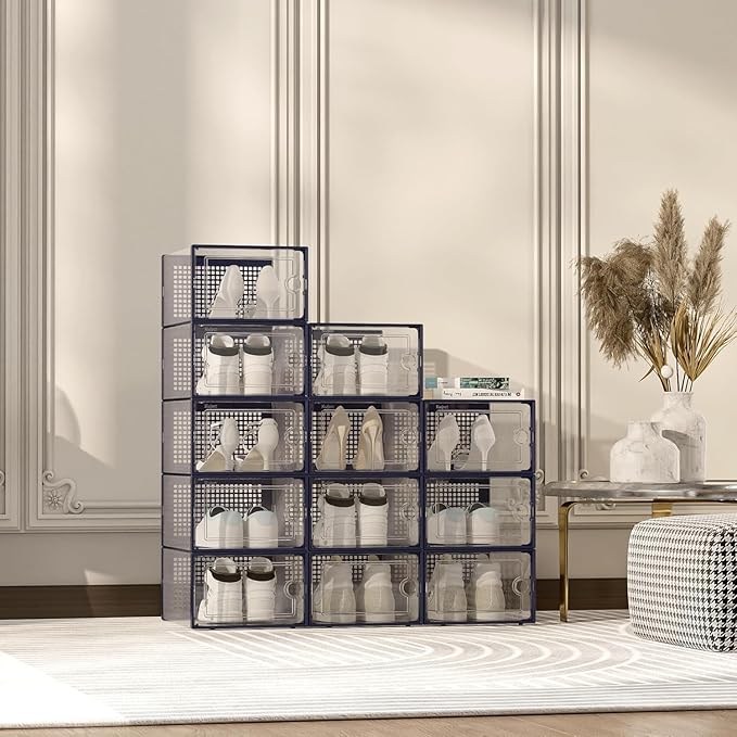 Kuject X-Large Shoe Storage Boxes Organizers Clear Plastic Stackable 12 Pack, Shoe Rack & Holder Substitute, Sneaker Containers, Toy Storage Organizer Bins for Entryway, Closet, Under Bed, Blue