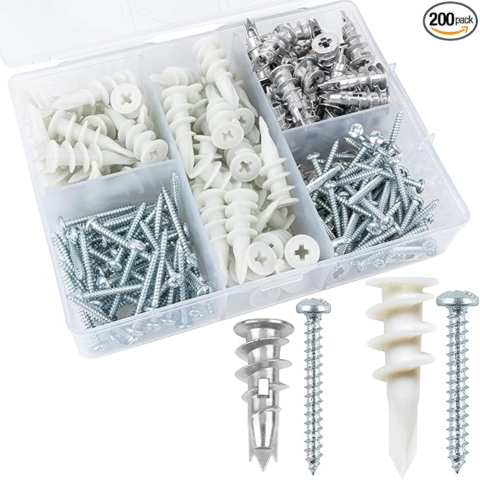 KURUI Self Drilling Drywall Anchors Assortment Kit, 200PCs Picture Hanging Kit for Frame,Curtain Rods,Art Hanging, 100PCs #6 Heavy Duty Metal Dry Wall Anchors 100PCs #8 Plastic Drywall Hangers