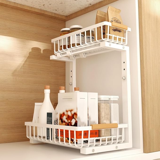 Under Sink Organizer, Under Sink Organizers and Storage, 2-Tier Pull Out Under Cabinet Organizer Storage Shelf, Metal Frame, Height Adjustable Rack for Bathroom Kitchen Pantry