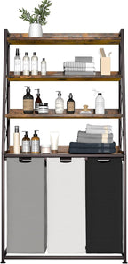Herture Laundry Basket, 3 Section Laundry Hamper with 4 Tiers Shelf, Pull-Out and Removable Laundry Bags, Large 3 x 15.87 Gallons, for Laundry Room Bathroom Rustic Brown PF05XLN