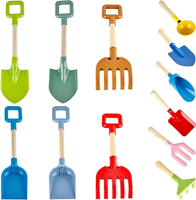 12 Pieces Kids Beach Sand Tools Long Beach Shovel Spade Sand with Sturdy Wooden Handle Safe Garden Tools Including Spoon, Fork, Rake, Flat, Pointed Shovel Cylinder Spoon Gifts for Kids