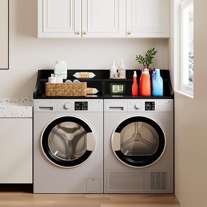 OAKHAM HOME 2-Tier Washer Dryer Countertop, 54" x 27.6" Washer Dryer Topper with Storage Shelf and Non-Slip Pads for Laundry Room Organization, White