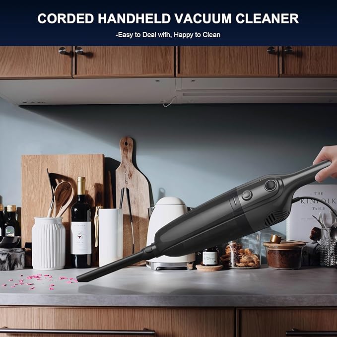 Corded Stick Vacuum Cleaner, Lightweight High Power Handheld Vac with Crevice Tool for Home, Apartment, Carpet, Pet Hair & Hardwood Floors, Black