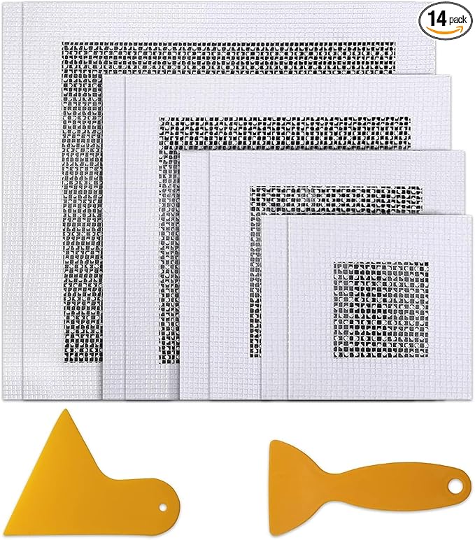 16 Pcs of 4 Sizes Aluminum Drywall Repair Patch Kit Self Adhesive Fiberglass Screen Mend Tools for Metal Sheetrock Ceiling Mesh Plasterboard Hole