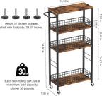 Slim Storage Cart Rolling Kitchen Cart with Wheels Narrow Laundry Storage Utility Cart 4 Tier Bathroom Mobile Shelving Unit Organizer with Wood Tabletop Trolly Cart with Handle for Small Spaces, Brown