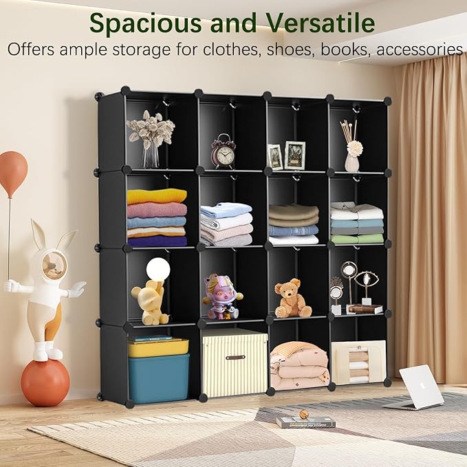 Whitmor 16 Cube Closet Organizers and Storage, Stackable Plastic Closet Shelves with Hooks & Mallet, DIY Clothes Organizer, Cube Bookshelf, Portable Storage Organizer for Bedroom, Home, Office, Black