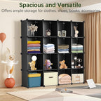 Whitmor 16 Cube Closet Organizers and Storage, Stackable Plastic Closet Shelves with Hooks & Mallet, DIY Clothes Organizer, Cube Bookshelf, Portable Storage Organizer for Bedroom, Home, Office, Black