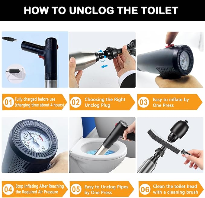 Electric Heavy Duty Toilet Plunger for Toilet, High Pressure Air Hair Drain Clog Remover for Bathroom, Snake Drain Unclogger Drain Tool for Drain, Kitchen Clogged