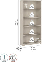Bush Furniture Cabot Tall 5 Shelf Bookcase | Large Open Bookshelf in Linen White Oak | Sturdy Display Cabinet for Library, Living Room, and Home Office