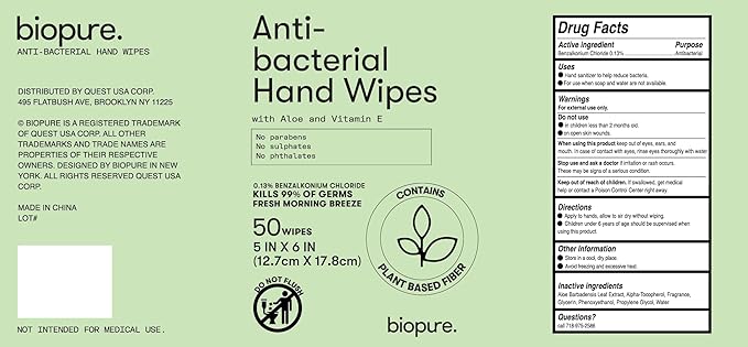 Biopure Antibacterial Hand Wipes Fresh Morning Breeze- Antibacterial Wipes with Aloe and Vitamin E Formula | 5"x7" Wet Wipes Canister | No Parabens, Sulfates or Phthalates, Kills 99% of Germs, 300 ct