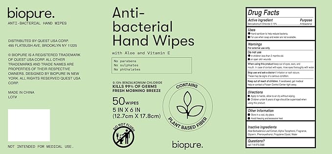 Biopure Antibacterial Hand Wipes Fresh Morning Breeze- Antibacterial Wipes with Aloe and Vitamin E Formula | 5"x7" Wet Wipes Canister | No Parabens, Sulfates or Phthalates, Kills 99% of Germs, 50 ct
