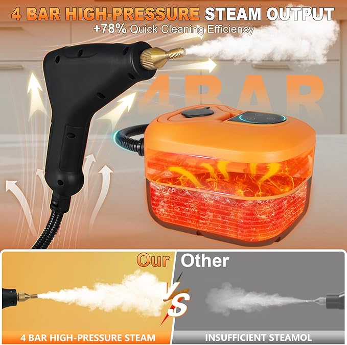 15-IN-1 Handheld Steam Cleaner【2800W Powerful Motor】【6 Level Pressure Steam - 4 BAR High Pressure】with Handle Control Button Cleaner for Home, Car, Kitchen - Orange