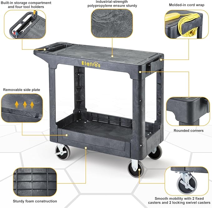 ELAFROS Heavy Duty Plastic Utility Cart Flat top 37 x 18.8 Inch - Work Cart Flat Shelves and 2 Swivel 2 Fixed Wheels Safely Holds up to 550 lbs - 2 Tier Service Cart Mail cart, Gray
