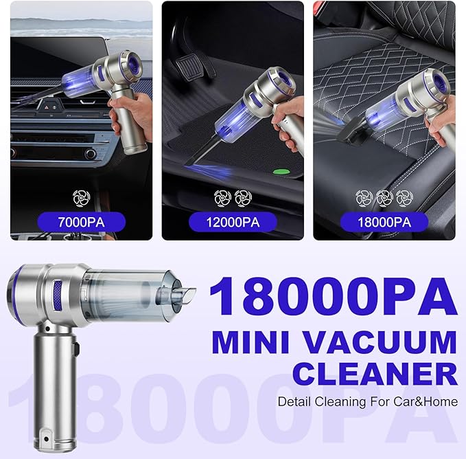 Handheld Car Vacuum Portable Cordless - 18000PA High Power with Brushless Motor, 4-in-1 Air Duster, Blower, Pump & Rechargeable Mini Vacuum for Car, Home, Office (Silver Grey+Blue)