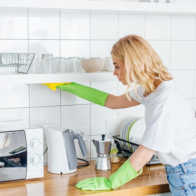 3 Pairs Rubber Cleaning Gloves Latex Free Dishwashing Gloves - 13" Reusable Nitrile Gloves Large, Green+Pink+Orange
