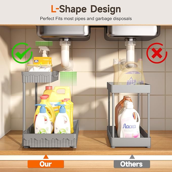 3 Pack Multi-Purpose Under Sink Organizers and Storage, 2027 L-Shaped Pull Out Cabinet Organizer for Bathroom & Kitchen, Under Cabinet Organizer with Hooks Hanging Cup, Grey