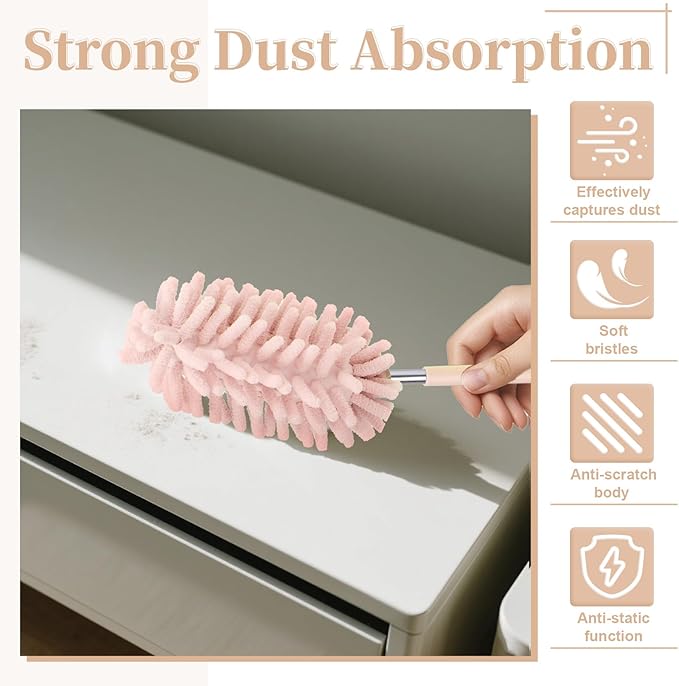 2 PCS Car Interior Duster with Extension Pole, Microfiber Car Duster with Bendable Head, Cars Dusters Exterior&Interior Scratch Free, for Cleaning of Vehicle Details, Offices, Windows(Pink)