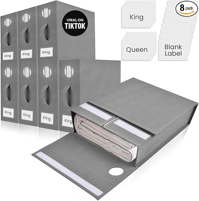 8 Pack Bed Sheet Organizer and Storage, Foldable Storage Bed Sheet Organizer for Linen Closet with Viewing Window & Label for Bedding Sheets & Blankets (Queen & King Size) Gray