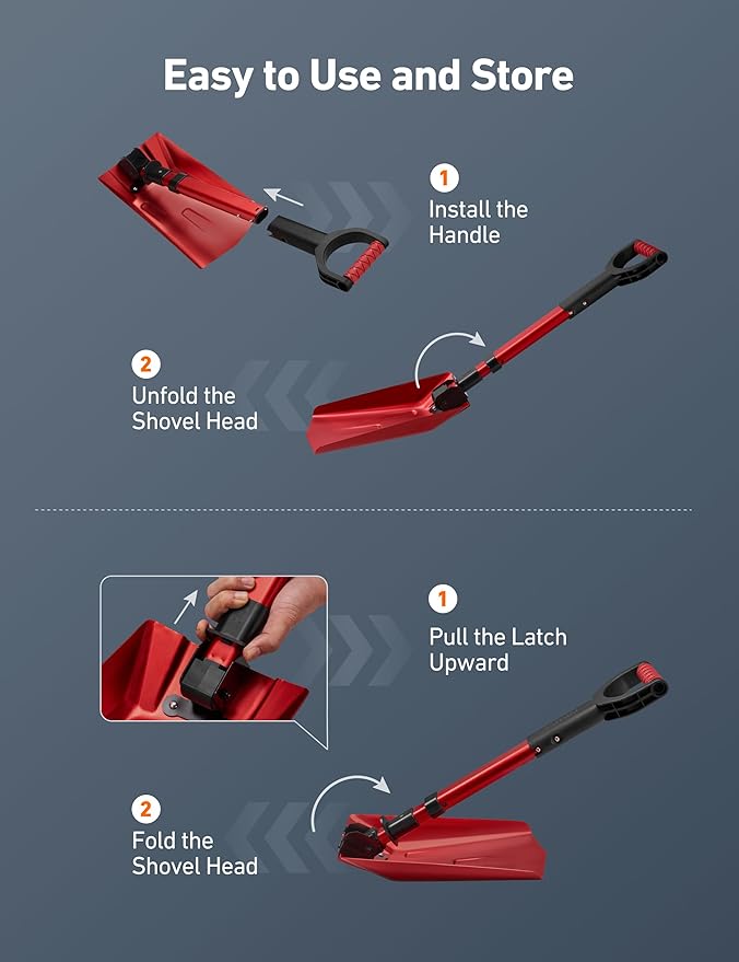 AstroAI 38.4" Folding Snow Shovel for Car, Extendable Snow Shovel with Thickened Aluminum Handle and Reinforced Iron Hinge, Portable and Multifunctional for Driveway, Cars, Camping and Mud, Red