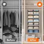 Lifewit Dual-Row Shelf Hanging Closet Organizer and Storage, Clothes Shelves with 3 Sturdy Hooks for Clothing Organization, Foldable Container Hold Up to 36 Sweaters, 6 Tier 12 Sections, Light Gray