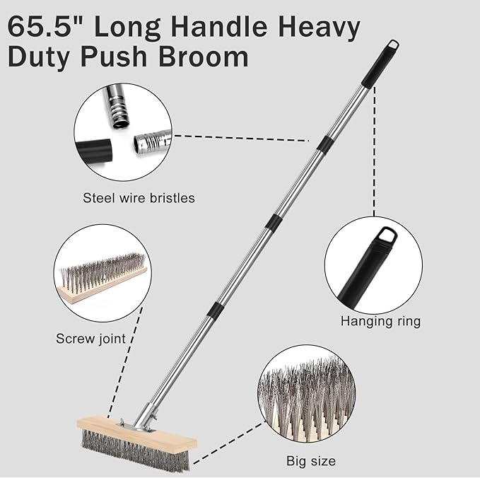 Stainless Steel Pool Scrub Brush with Adjustable Handle, Heavy Duty Stiff Bristle Scrubber for Rough Surfaces, Moss Removal, and Tough Stains on Concrete, Grout, Patio, Garage & Pool