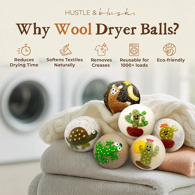 Hustle & Blush Fluff Ewes Wool Dryer Balls 6 Pack - XL Kiss My Cactus Premium New Zealand Laundry Set, Reduces Drying Time, Static Control, Chemical Free, Ideal Holiday Gifts for Women & Men