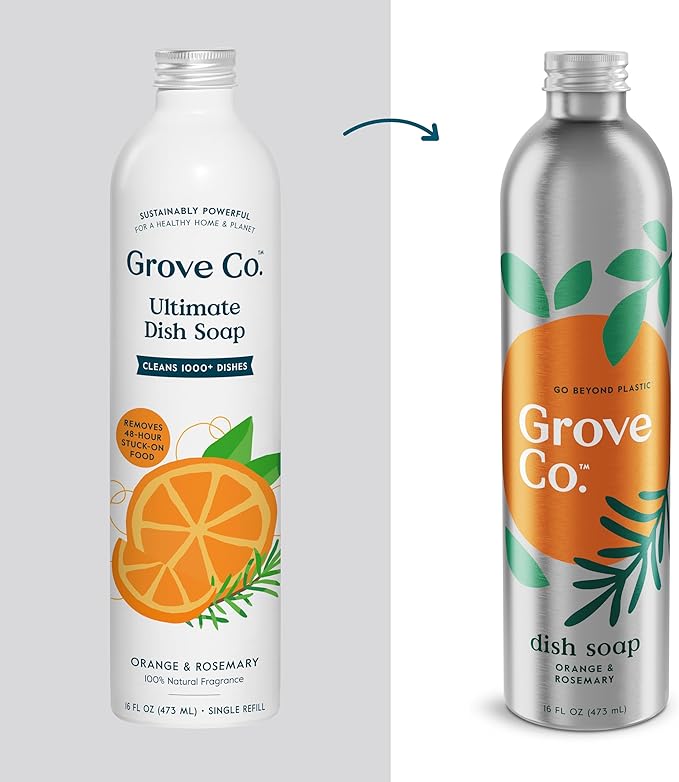 Grove Co. Ultimate Dish Soap Refills (3 x 16 Fl Oz) Removes 48-hr Stuck-on Food & Grease, No Plastic or Parabens, 100% Natural Orange & Rosemary Fragrance