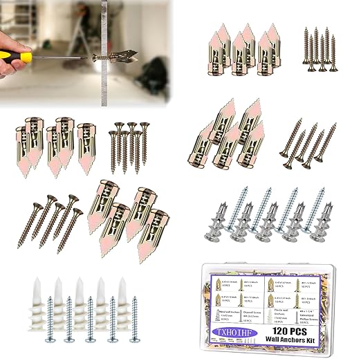 Self Drilling Drywall Anchors with Screws Kit 120 Pcs-4 sizes Sheetrock Anchors & 5 sizes Screw Sizes New Upgraded Zinc Plated Steel and Plastic A variety of sizes are sufficient for various scenarios