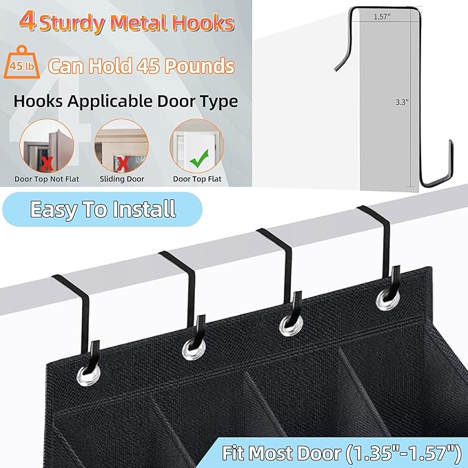 Over The Door Shoe Organizer, Hanging Shoe Rack with Extra Large Deep 16 Pockets, Wall Shoe Storage for Closet and Narrow Door, Hanging Shoe Organizer, RV Storage and Organization, Black