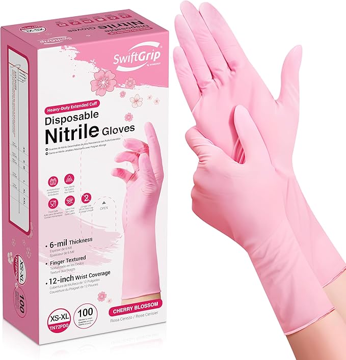 Disposable Nitrile Dishwashing Gloves, Extended 12 Inches Cuff, 6-mil, Cherry Blossom Cleaning Gloves, Latex-Free