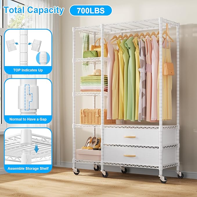 Ulif F3R Heavy Duty Clothes Rack（With Lockable Wheels）Freestanding Clothing Racks for Hanging Clothes，Adjustable Closet Organizer System，Portable Garment Rack 40"W x 15"D x 74"H，Max Load 700LBS，White