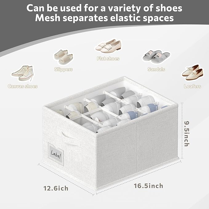 FHSQX 2 Pack Shoe Organizer for Closet,Fits up to 24 Pairs,Fabric Shoe Storage Bins,Large Shoe Box Storage Containers with Bottom Support for Shoes (White, (16.5 * 12.6 * 9.5) x1)