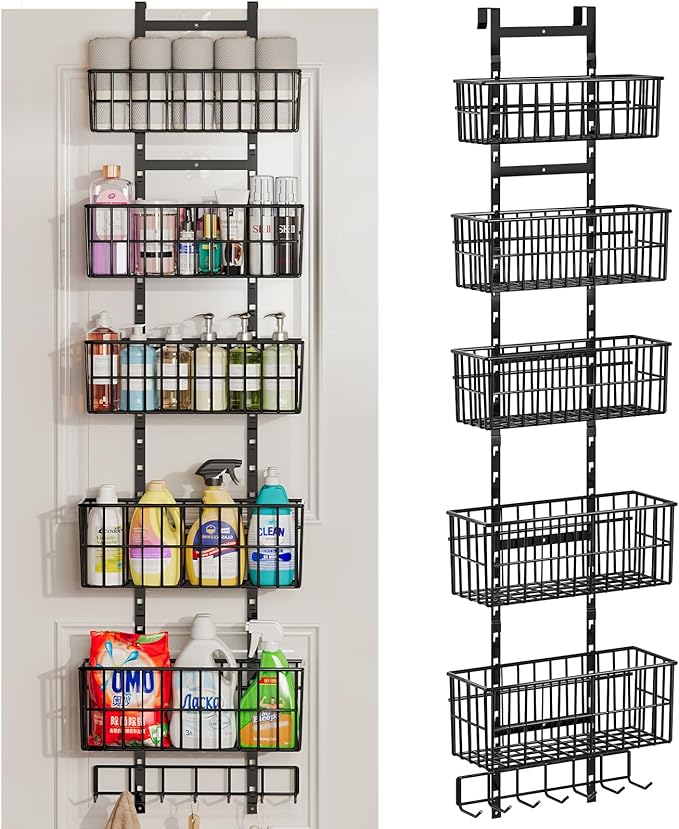 Adjustable Over The Door Organizer, Metal Hanging Door Organizer with 5 Wire Basket 7 Hooks, Wall Mounted Shelf for Pantry Laundry Organization and Storage, Black