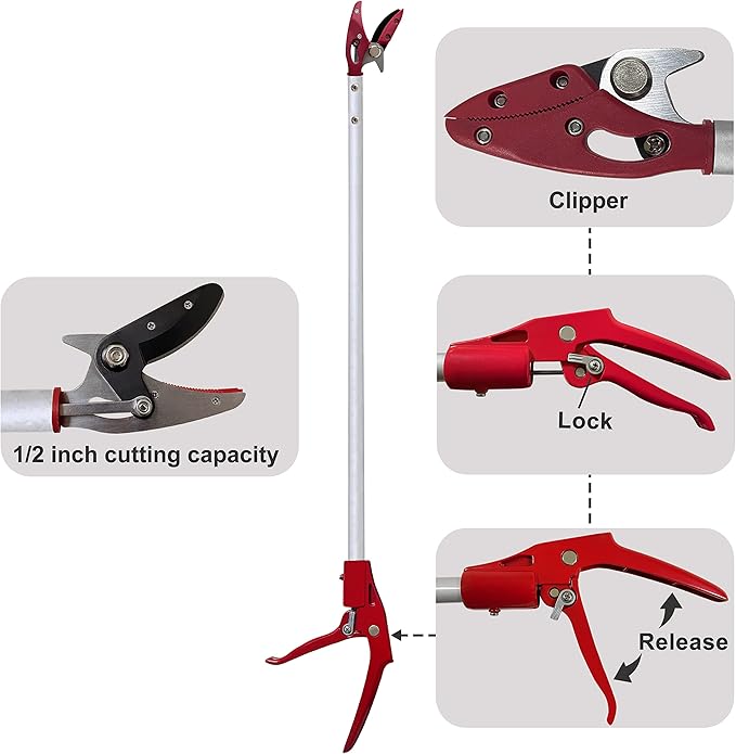 Tree Trimmer, 2 Foot Pole Pruner, Long Reach Pruning Shears, Cut and Hold Garden Clippers, Aluminum Lightweight Handle Fruit Picker, Branch Bypass Loppers