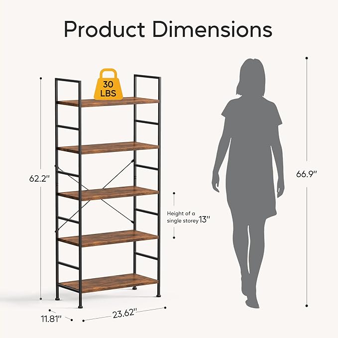 HealSmart 5 Tier Bookshelf, Free Standing Book Shelf Home Office Bookcase Shelf Storage Organizer for Bedroom, Living Room, Bathroom, Office, Balcony, Rustic Brown