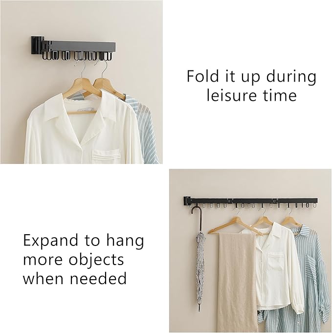 Clothes Drying Rack Wall Mounted, Laundry Drying Rack Collapsible, Space Saving Wall Drying Rack Clothing Foldable, Tri-Fold Retractable Rack Outdoor Indoor with 18 Hooks(Black，Loop-Shape Hooks)