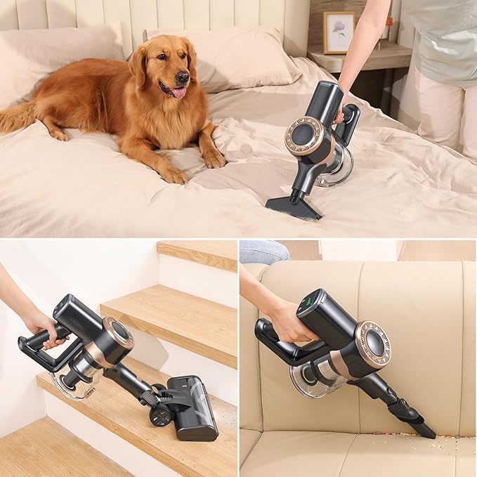 Cordless Vacuum Cleaner, 30Kpa Stick Vacuum with Anti-Tangle Brush and Green Headlight, Self-Standing, Up to 45Mins Runtime, Wireless Vacuum Cleaner for Pet Hair, Carpet, Hard Floor, Home