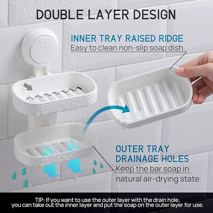 LEVERLOC Soap Dish Holder for Shower Double Layer Suction Cup Wall Mounted NO-Drilling Self Draining Removable Waterproof Strong Suction Bar Soap Sponge Holder for Shower Bathroom Bathtub Kitchen