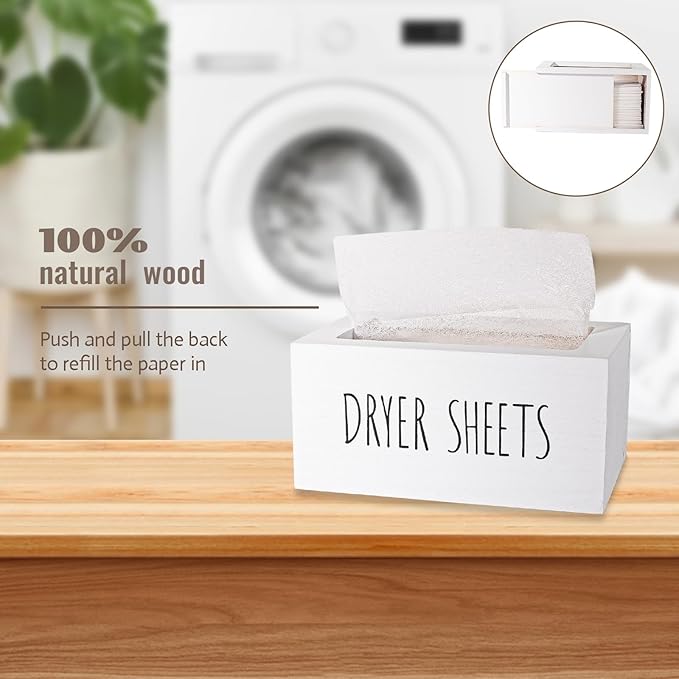 zoocatia Laundry Room Decor Dryer Sheet Container Wood Detergent Dispenser Organization and Storage Box Holder for Laundry Pods, Dryer Balls, White