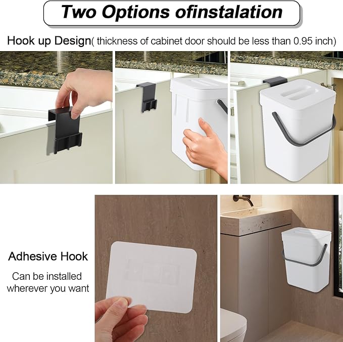 Compost Bin Kitchen, Bring 5 Rolls (100) of Garbage Bags, for Use on Countertops or Under Sinks, Hanging Trash Can with Lid, for Cupboard/Bathroom/Bedroom/Office/Camping(White 0.8 Gallon/3L)
