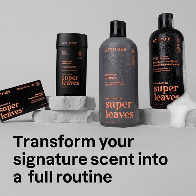 ATTITUDE Men's Shampoo and Conditioner 2-in-1, Nourishing For Dry Hair and Scalp, With Panthenol and Ginseng, 97% Natural Origin Ingredients, EWG Verified, Patchouli & Bourbon, 14 Fl Oz (Pack of 3)