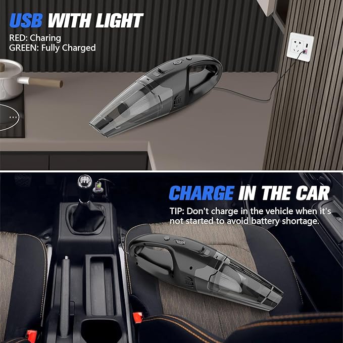 Handheld Vacuum Cordless Rechargeable with LED Light, Car Vacuum Portable Cordless, Hand Vacuum Cleaner Car Seats, Home, Quick Cleanup, Strong Suction, Lightweight, Includes Crevice Nozzle & Brush